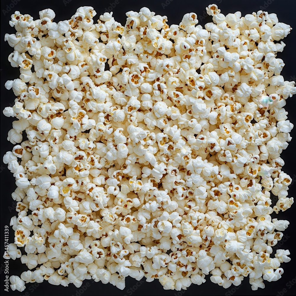 Poster a close-up shows a mass of fluffy, white popcorn arranged in a square shape against a dark backgroun