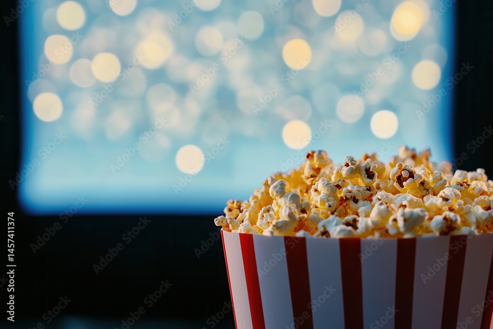 Aufkleber A close-up image of popcorn in a striped container against a blurred background of lights suggests a cozy movie night in.