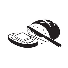 A Simple Black and White Illustration of Buttered Bread and a Butter Knife