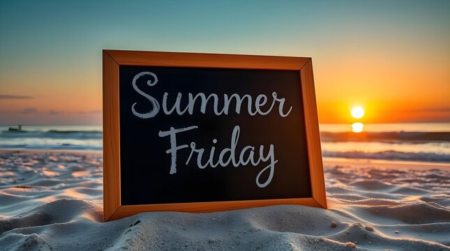 summer Friday sign placed on beach with sunset background, space for copy