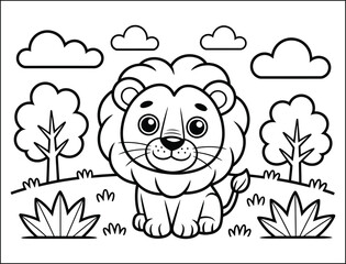 Obraz premium Cute Cartoon Lion Cub Coloring Page Illustration