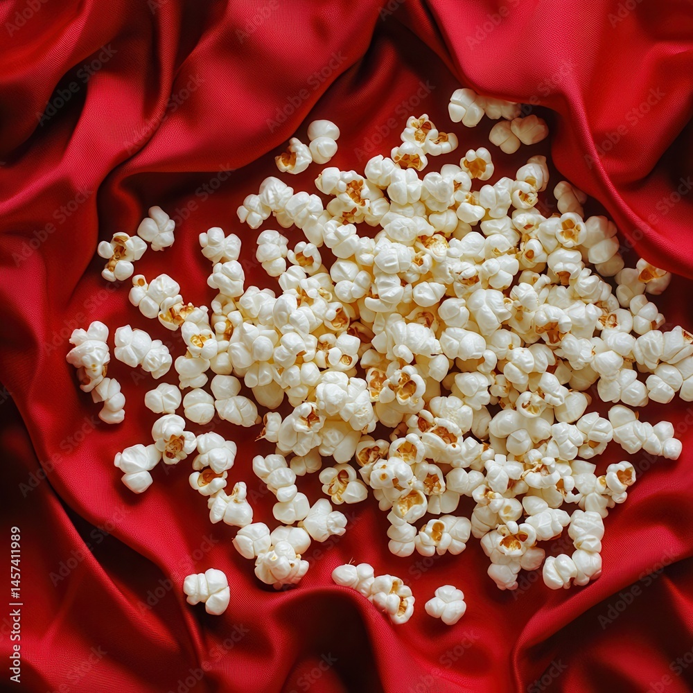 Poster a pile of popcorn is resting on a bright, red piece of luxurious fabric, creating a tempting image o