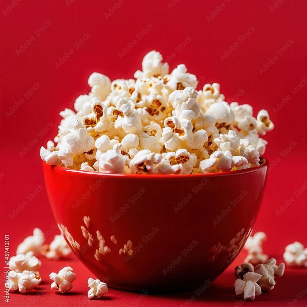 Poster bowl overflowing with fluffy popcorn against a bold red background, evokes a feeling of relaxation a