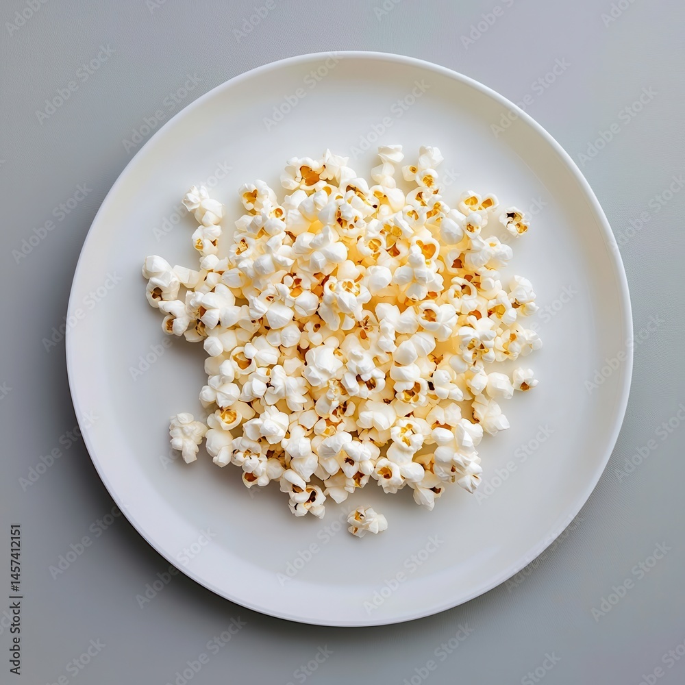 Poster a heap of popcorn on a white plate, photographed from a top-down perspective against a gray backgrou