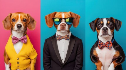 Three stylish dogs posing in formal attire against vibrant pink and blue backdrops. Each dog sports a unique bowtie and confident look.
