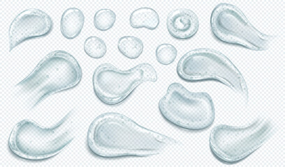 illustration of set of realistic smears and drops, different shapes, transparent cosmetic product.