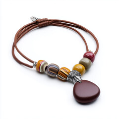Brown leather necklace with striped beads and large pendant