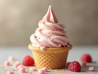 A small waffle cone cup holds pink soft-serve ice cream garnished with raspberries and small candies