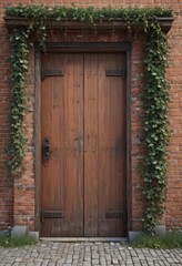 Weathered red brick wall, aged wooden door, climbing vines ,  green,  door,  wood
