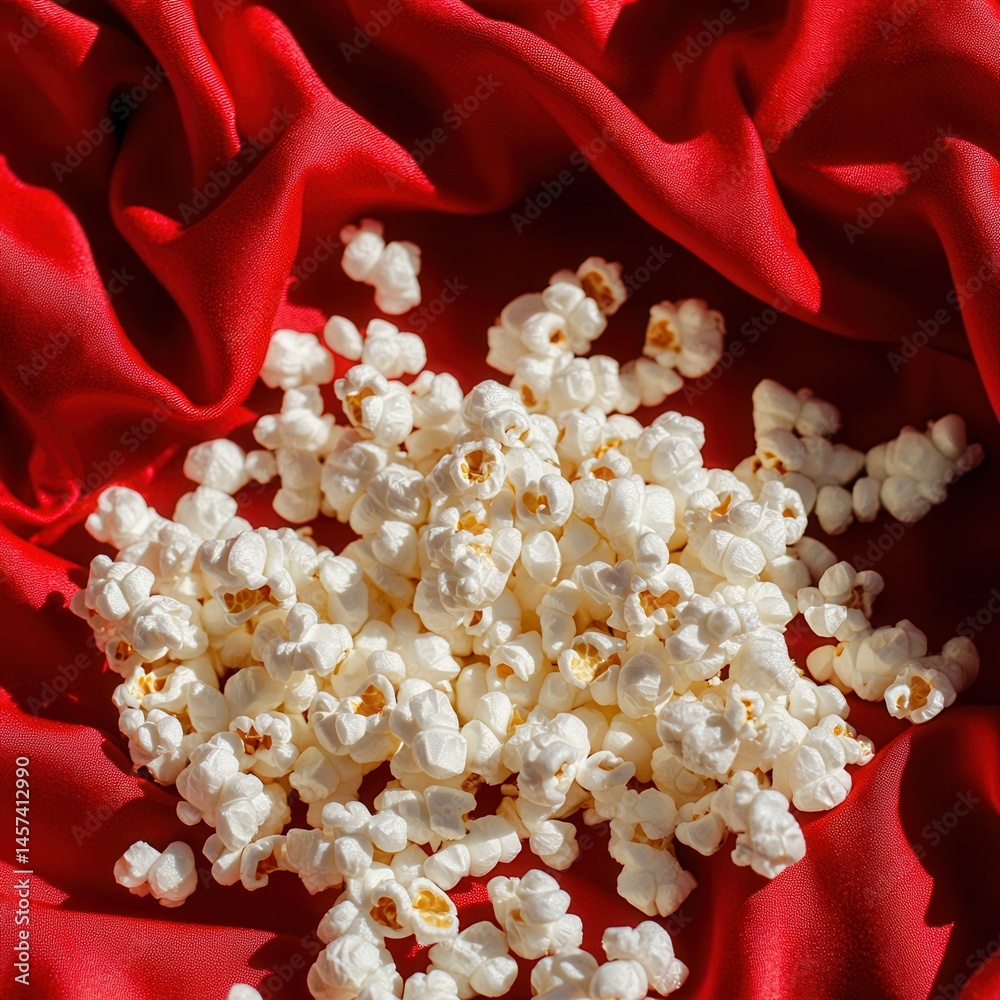 Poster Popcorn delight: A pile of fluffy popcorn rests on a vibrant red silk cloth, creating a simple yet visually appealing scene.