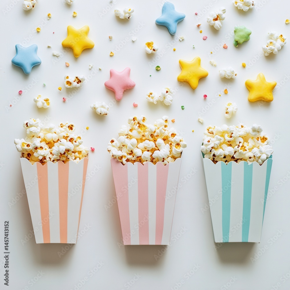 Poster colorful striped containers overflow with popcorn surrounded by candy stars. festive snack presentat