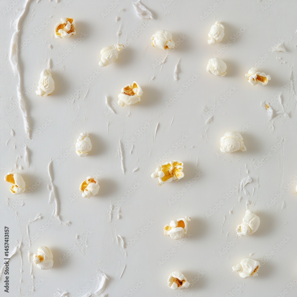 Aufkleber Scattered popcorn on a textured white surface creates an appealing, minimalist design with playful texture and color variations.