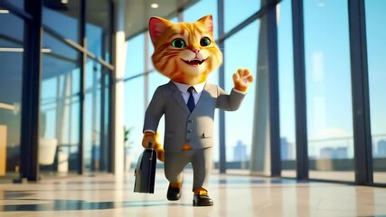 Animated business cat in suit carrying briefcase waving hello inside modern office building with glass windows and city view. concept of professionalism, feline animation, office humor