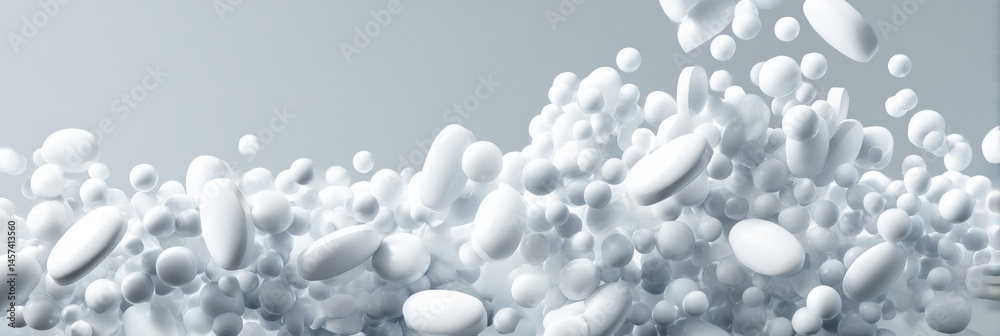 Poster dynamic scattering of white pills in motion against a sterile background captured in a minimalistic 