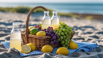 A fresh assortment of red apples, green grapes, and a yellow banana rests in a basket, suggesting a healthy fruit food still life perfect for a park picnic