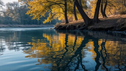 Calm blue lake reflects the colorful autumn trees of the beautiful forest landscape