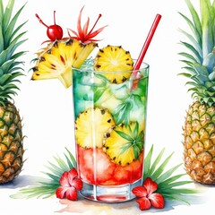 Tropical Paradise Refreshing Fruit Cocktail: Exotic Summer Beverage with Pineapple, Strawberry, and Coconut Garnish