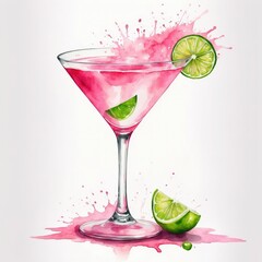 Refreshing Pink Martini Cocktail Illustration: Vibrant Watercolor Splash with Lime Garnish - Perfect for Summer Parties and Mixology