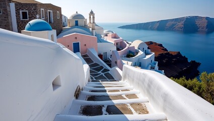 Oia village in Santorini, Greece boasts iconic white houses overlooking the blue Mediterranean Sea, a breathtaking Cyclades landscape perfect for a summer vacation