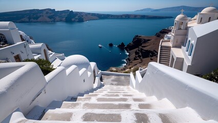 Oia village in Santorini, Greece boasts iconic white Greek architecture under the summer sky with a stunning sea view