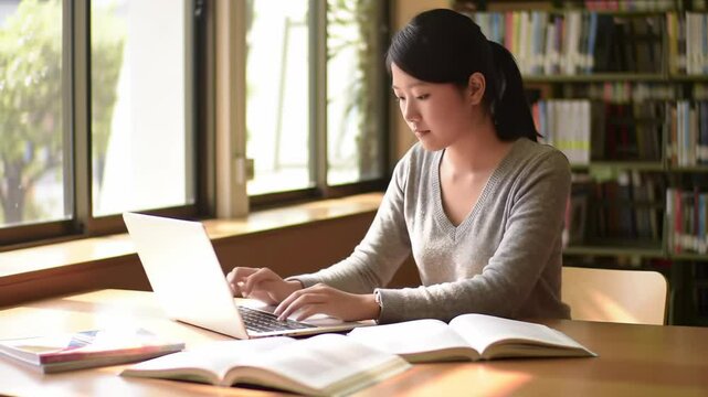 Asian woman engaged in focused study session with laptop and books in a bright library setting. concept of education, student, concentration, learning environment, academic pursuit