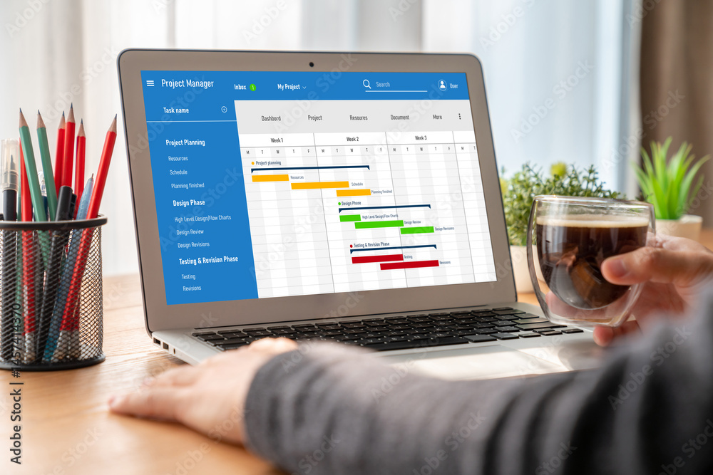 Poster project planning software for modish business project management on the computer screen showing time
