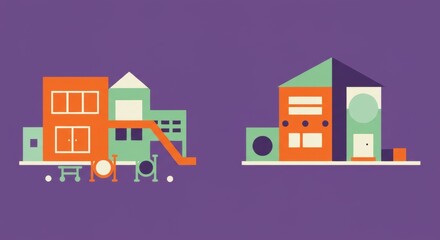 Fototapeta premium Colorful geometric houses against a vibrant purple background