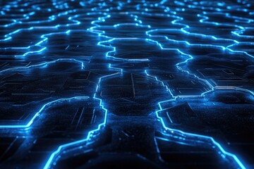 Abstract circuit board pattern with glowing blue lines.  Detailed network of interconnected hexagonal shapes, dark background