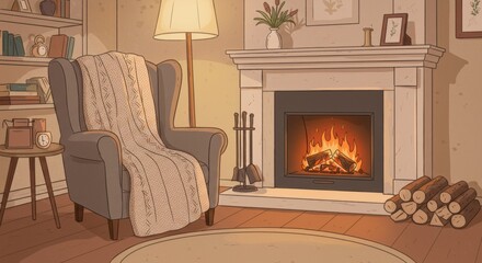 Cozy living room with a warm fireplace and a comfortable armchair