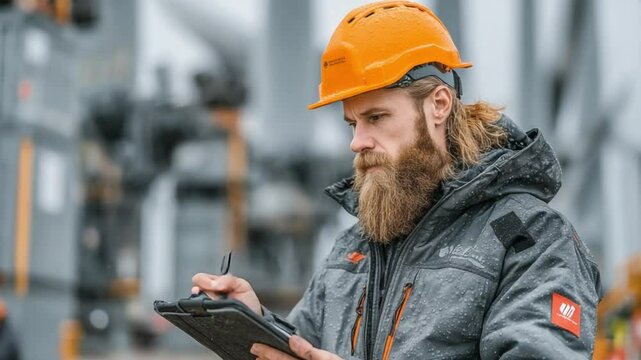 Engineer's Meticulous Assessment: An engineer, adorned in a safety helmet, meticulously documents observations with a focused intensity, signifying dedicated professionalism.