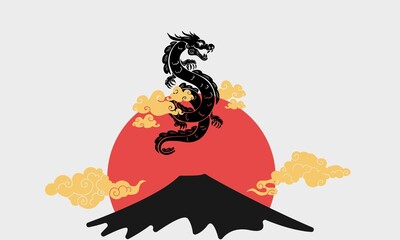 Traditional Chinese Dragon over Mount Fuji-Inspired Silhouette