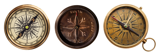 Old geographical compasses collection isolated on a white background. Retro compass is a wonderful element for your design.