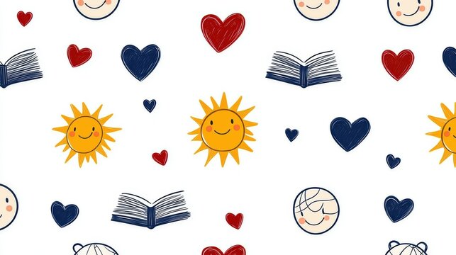 childrens educational print, symmetrical flat-style pattern with diverse childrens faces, hearts, suns, books, and globes on a white background