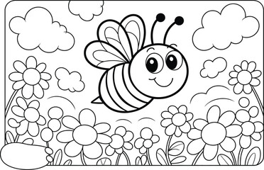 Fototapeta premium Cute Cartoon Bee Flying Over Flowers Coloring Page
