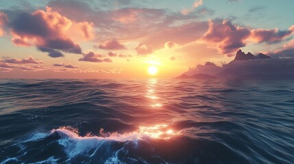 Serene ocean sunset landscape with dramatic mountains and pink clouds sky sea red art view calm blue