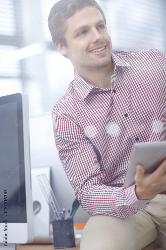 Poster man, tablet and ideas for company or research at desk for project and online for mobile app. busines