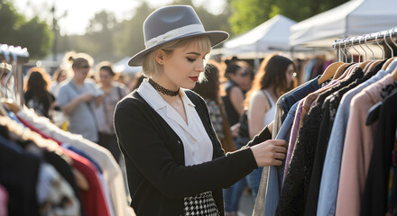 Young Woman in Gray Hat Browsing Clothing Rack at Outdoor Market on a Sunny Day