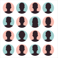 Minimalist silhouettes of human profiles, showcasing diverse facial structures and hairstyles in high contrast