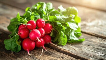 Fresh red radishes with green leaves on rustic wooden table in sunlight