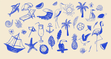 Fototapeta premium Vibrant collection of tropical and beach-themed illustrations featuring palm trees, waves, marine animals, toucan, seashells, cocktail, sailing elements, evoking summer paradise vibes.