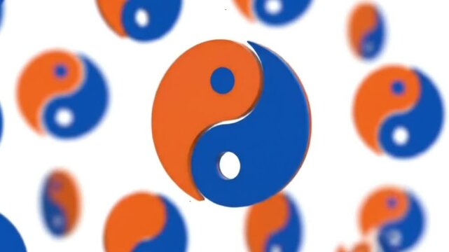 Seamless 3D blue orange rotating yin yang logo.  Generative AI.