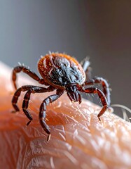 Macro shot of tick crawling on human skin: close-up of parasitic arachnid and texture details