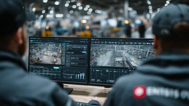 Security Operations: Two technicians monitoring a comprehensive security system with multiple camera feeds on large monitors in a bustling industrial setting.