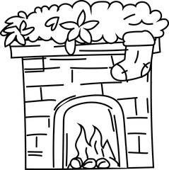 Fireplace - Christmas line art icon in black and white, perfect for festive designs, greeting cards and seasonal decorations