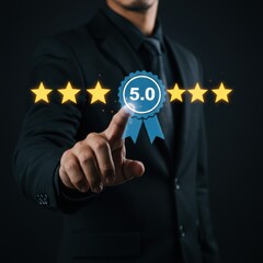 Business Professional Assigning a 5-Star Rating with a Digital Badge Interface Symbolizing Excellence and High Performance
