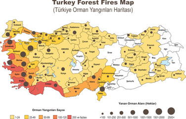 Türkiye Forest Fire Numbers Map. Vector illustration isolated on white background. © Yiğitcan