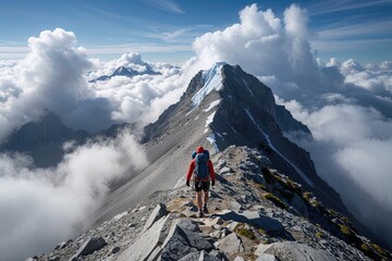 Fototapeta premium Difficult Climb to Summit Above the Clouds Infographic on Elevation and Achievement