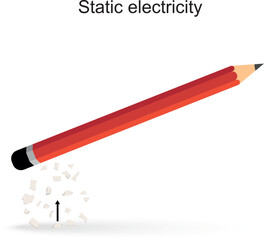 Static Electricity and Electric Charge. Physics Experiment with pencil and pieces of paper. The pen attracts small pieces of paper with static electricity.