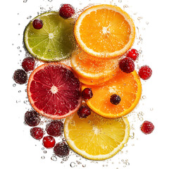 Radiant Crisp Creation IV Dynamic Mix of Citrus Berry Bunch with Water and Ice Isolated on Transparent Background