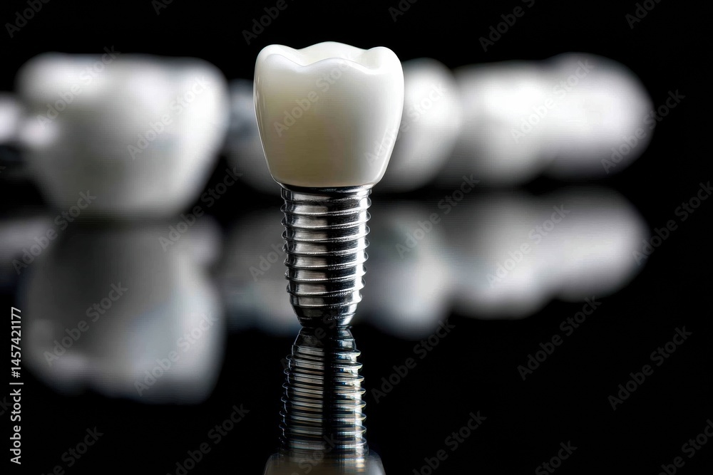 Leinwandbilder reflection of a single ceramic implant tooth on a polished white surface with additional dental piec
